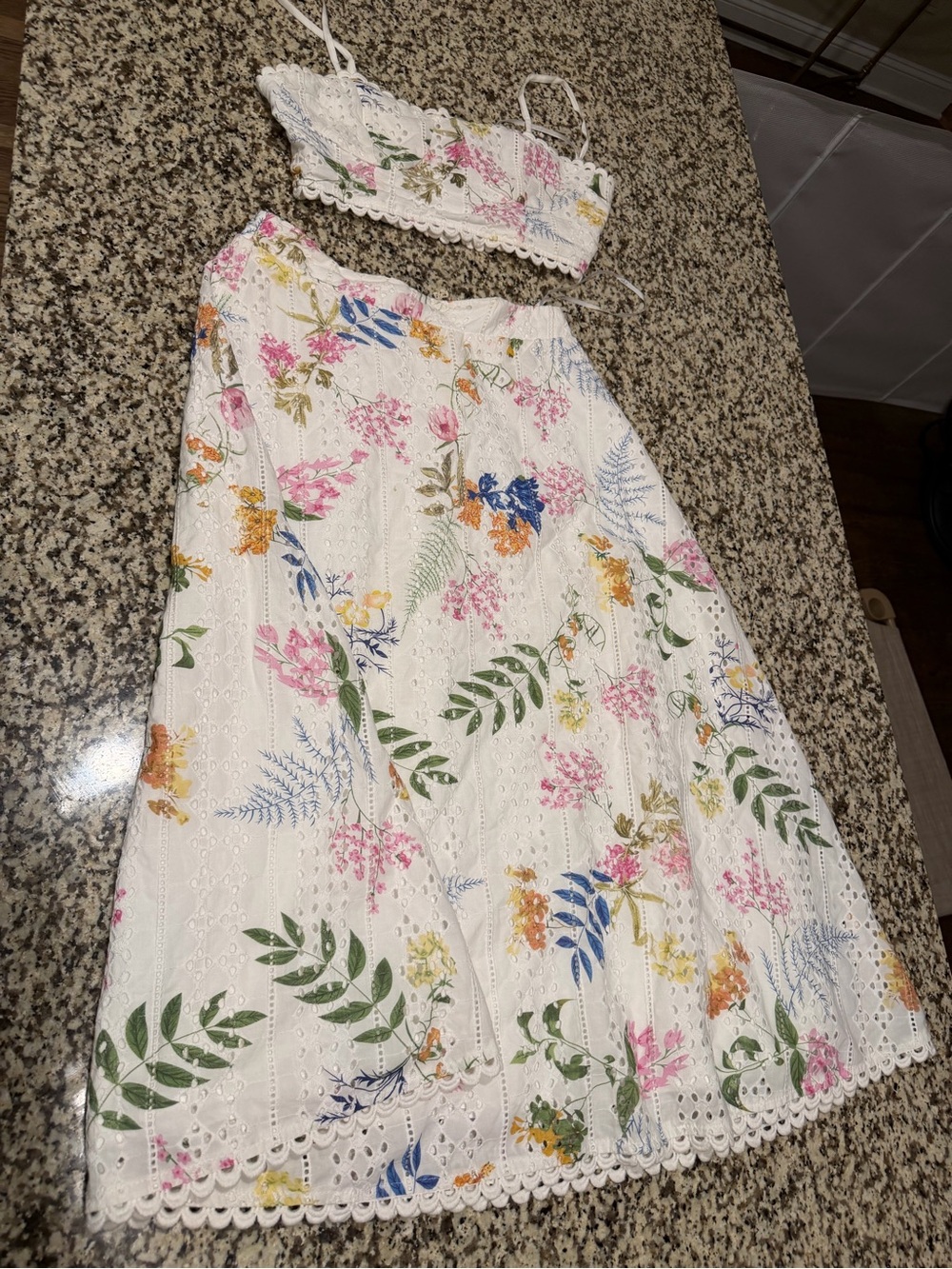 Lulu's White Floral Eyelet Two-Piece Dress Set with Pastel Blooms